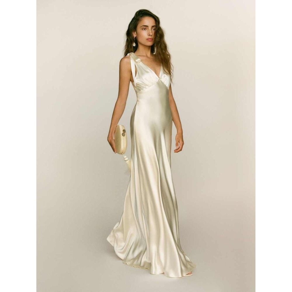 Reformation Pernille Silk Dress Ivory Bridal V Neck Tie Shoulder Maxi Gown New - Picture 2 of 8